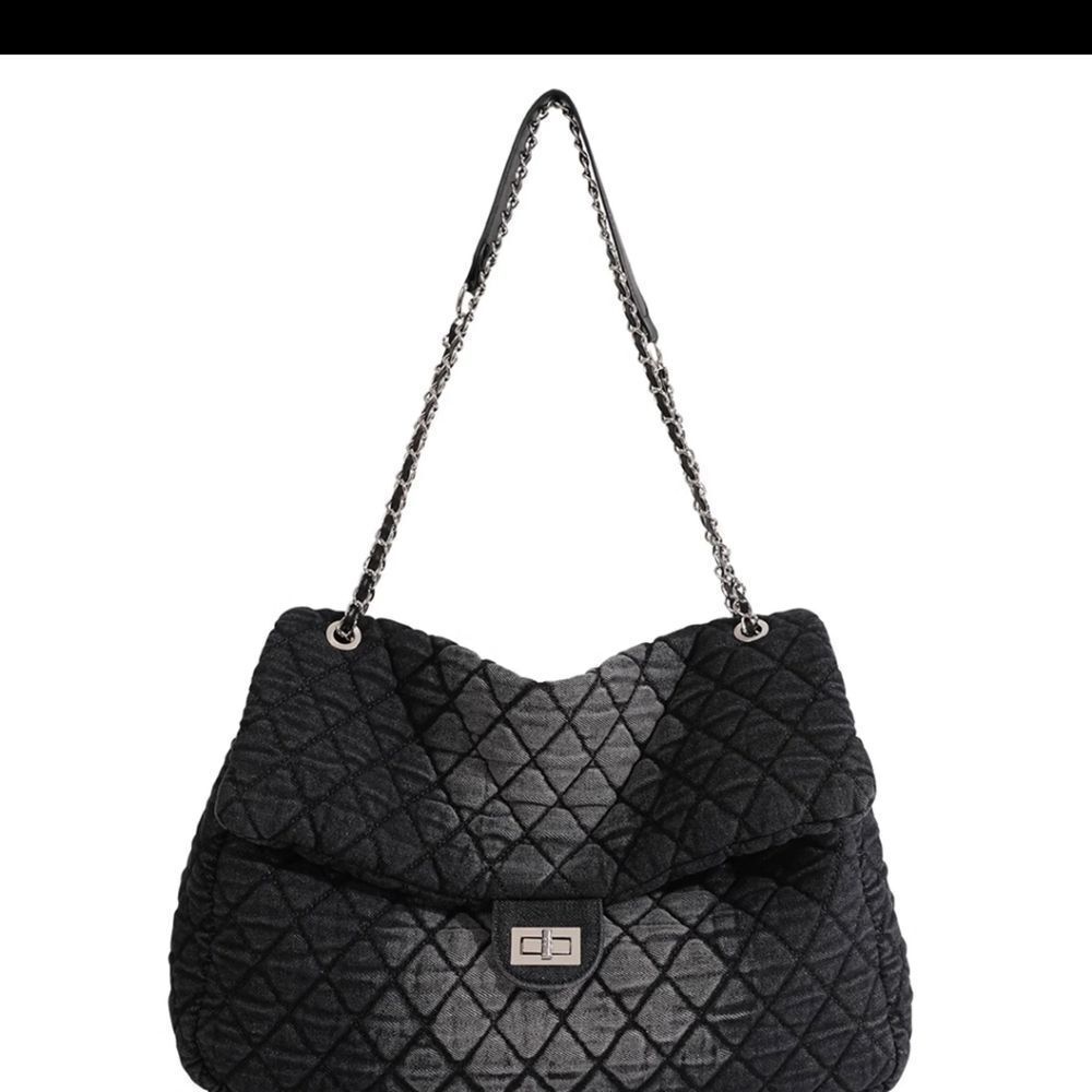 🐢 Vege Adriana Puffy Denim Bag. Black and Grey. Large 2 way tote. NWOT